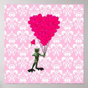 Affiche Grenouille drôle dessin animé & cœur rose sur dama