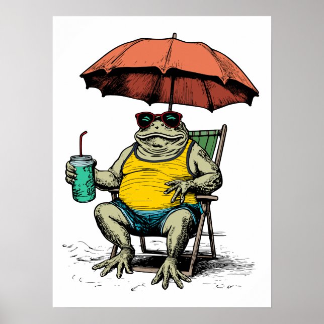 Affiche Grenouille drôle sur la plage (Devant)