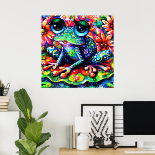 Affiche Grenouille florale impressionniste Whimsical bleu 