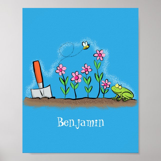 Affiche Grenouille mignonne et abeille dans le jardin dess (Devant)