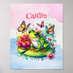 Affiche Grenouille personnalisée, fleurs et papillons
