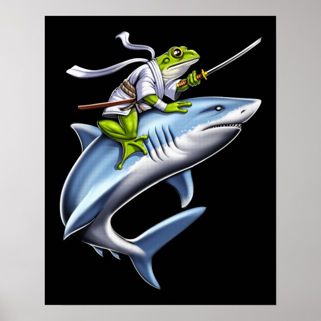 Affiche Grenouille Samurai Ninja équitation requin (Devant)