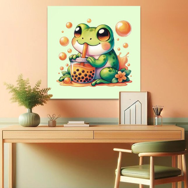 Affiche Grenouille Verte Boire Orange Boba Bubble Thé (Créateur téléchargé)