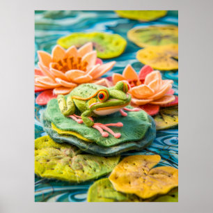Affiche Grenouille verte en feutre sur nénuphars dans un é