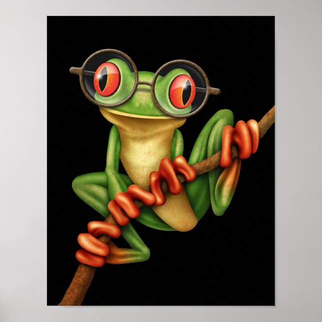 Affiche Grenouille verte mignonne avec lunettes d'oeil sur (Devant)