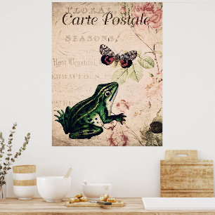 Affiche Grenouille vintage et papillon Floral français