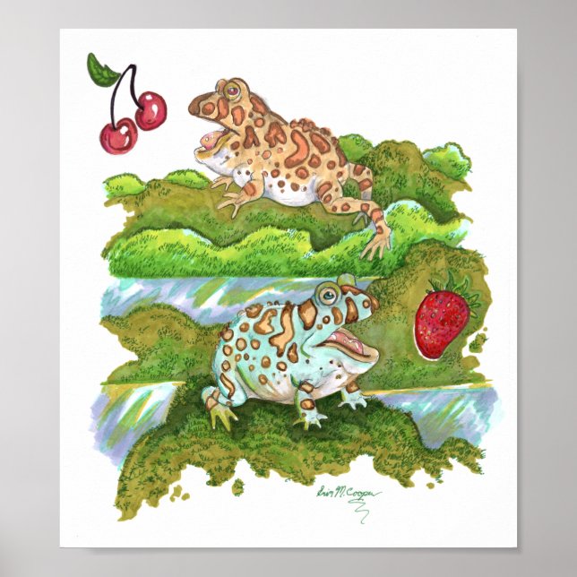 Affiche Grenouilles à cornes ornées pourchassant des fruit (Devant)