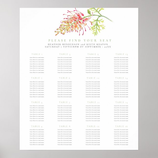 Affiche Grevillea floral green wedding 16 tables plan (Devant)