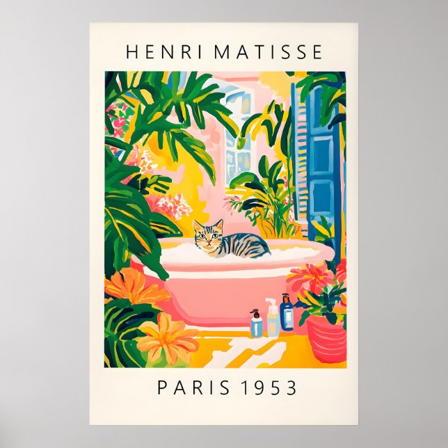 Affiche Grey Tabby Cat Bath Art Print Matisse Style (Devant)