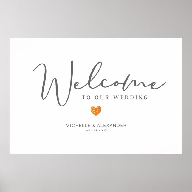 Affiche Grey Whimsical Bienvenue Mariage Orange Heart (Devant)