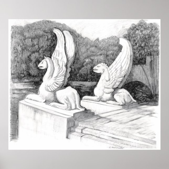 Affiche Griffins sculpté crayon monochrome Art (Devant)