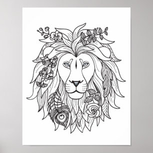 Affiche Griffonnage 2 de lion et de fleurs