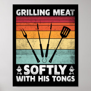 Affiche Grillage de viande doucement avec sa pince à grill