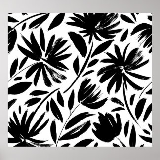Affiche Grille noire : vintage motif chrysanthème