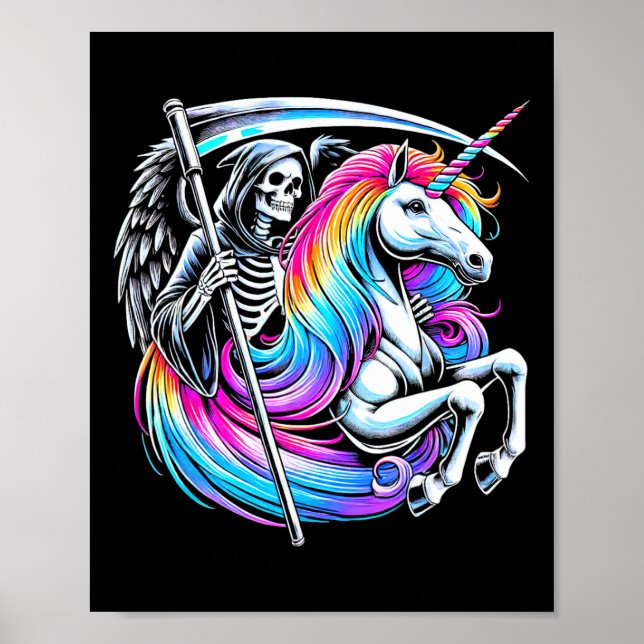 Affiche Grim Reaper équitation Unicorn Funny Gothic Pastel (Devant)