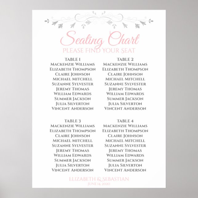 Affiche Gris et rose Simple Mariage de 4 tables (Devant)