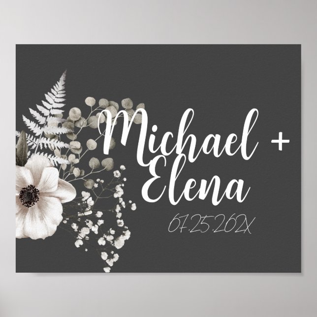 Affiche Gris foncé et blanc mur Mariage floral Imprimer (Devant)