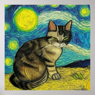 Affiche Gris Tabby Chat Starry Nuit Art Van Gogh