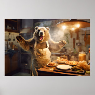 Affiche Grizzly Oear Animal Amusant Cuisine Cuisine Happy