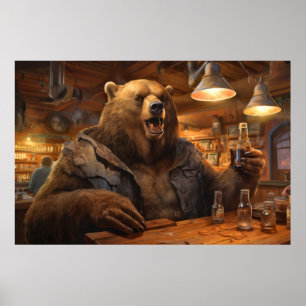 Affiche Grizzly Oear Animal Fun Boire Joyeux Temps De Rela