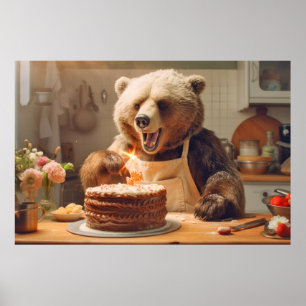 Affiche Grizzly Oear Animal Fun Cuisine gâteau de plaisir