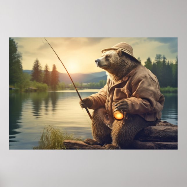 Affiche Grizzly Oear Animal Fun Lake Pêche Happy Time (Devant)