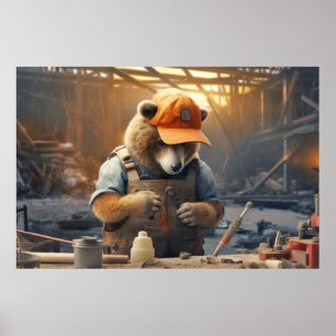 Affiche Grizzly Oear Animal Fun Work Handyman Happy Time