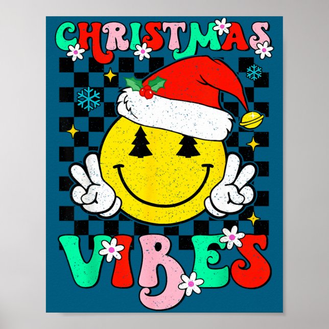Affiche Groovy Christmas Vibes Smile Face Santa Hat Xmas T (Devant)