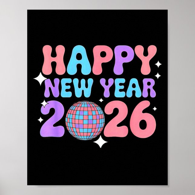 Affiche Groovy Cute Happy New Year 2026 Disco Ball  (Devant)