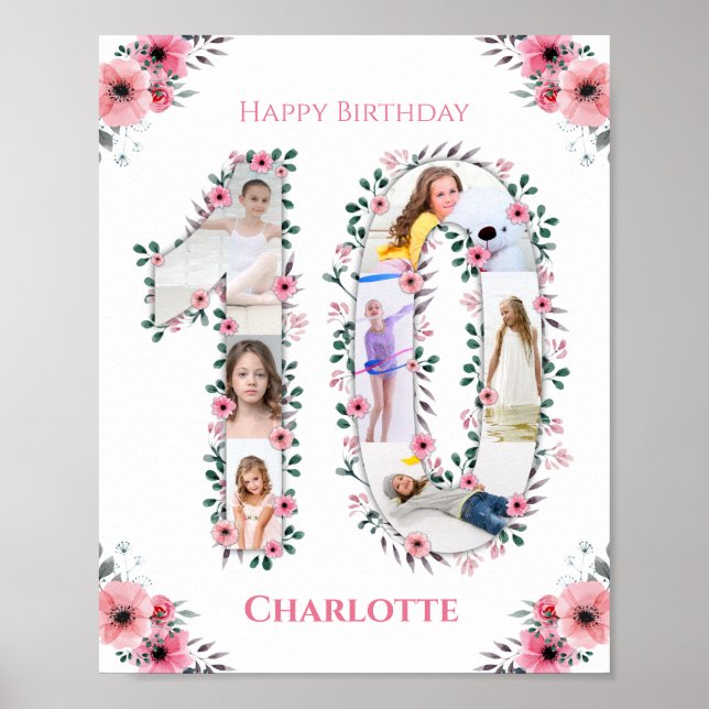 Affiche Gros 10e anniversaire fille photo Collage Fleur ro (Devant)