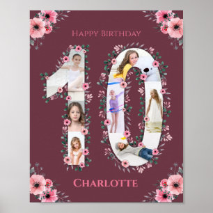 Affiche Gros 10e anniversaire fille photo Collage Fleur ro