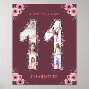 Affiche Gros 11e anniversaire fille photo Collage Fleur ro