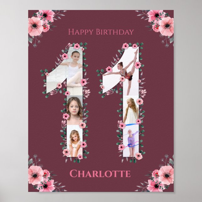 Affiche Gros 11e anniversaire fille photo Collage Fleur ro (Devant)