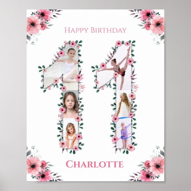 Affiche Gros 11e anniversaire fille photo Collage Fleur ro (Devant)