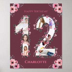Affiche Gros 12e anniversaire Fille rose Collage photo