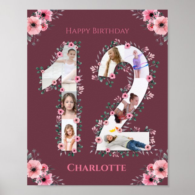 Affiche Gros 12e anniversaire Fille rose Collage photo (Devant)