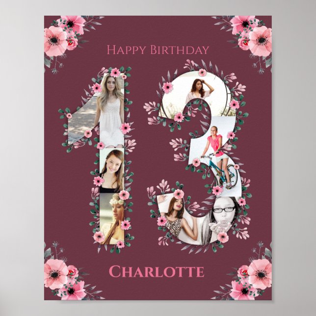 Affiche Gros 13e anniversaire Fille rose Collage photo (Devant)