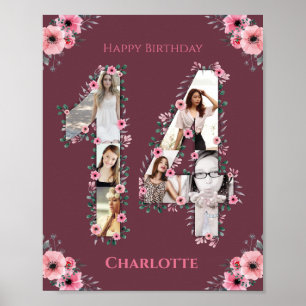 Affiche Gros 14e anniversaire Fille rose Collage photo