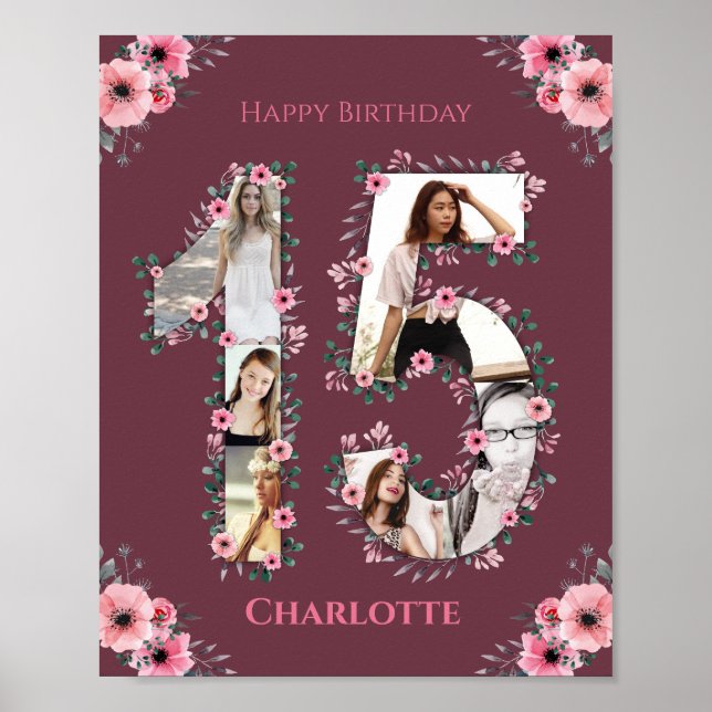 Affiche Gros 15e anniversaire Fille rose Collage photo (Devant)