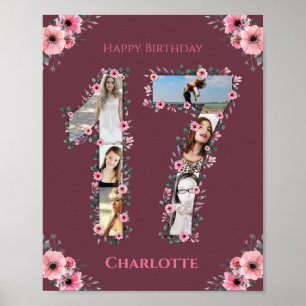 Affiche Gros 17e anniversaire Fille rose Collage photo