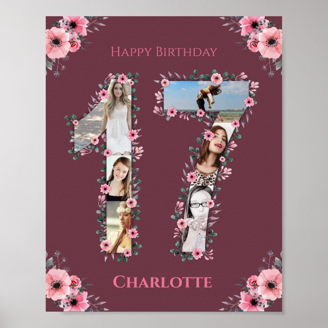 Affiche Gros 17e anniversaire Fille rose Collage photo (Devant)