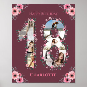 Affiche Gros 18e anniversaire Fille rose Collage photo