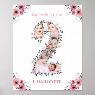 Affiche Gros 2e anniversaire fille photo Collage Fleur ros