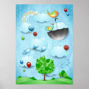 Affiche Gros arbre et oiseaux volants
