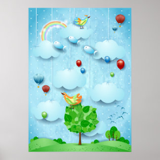 Affiche Gros arbre et poissons volants