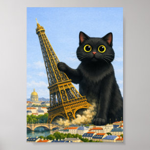 Affiche Gros Chat Noir Renverse la Tour Eiffel en Pensant