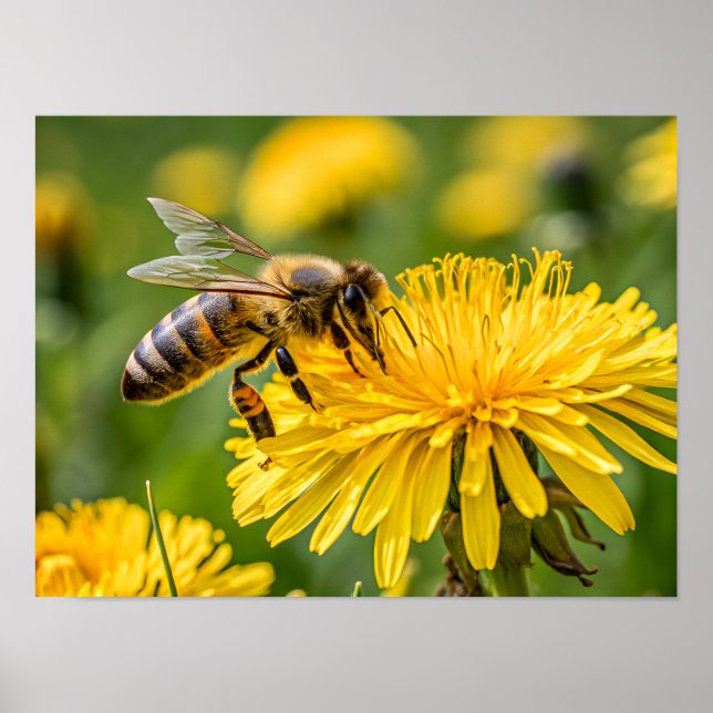 Affiche Gros plan d'une abeille à miel collectant du necta (Devant)