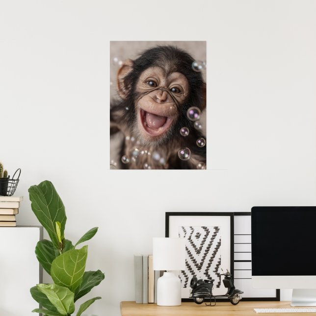 Affiche Gros plan extrême de bébé chimpanzé heureux (Bureau à domicile)