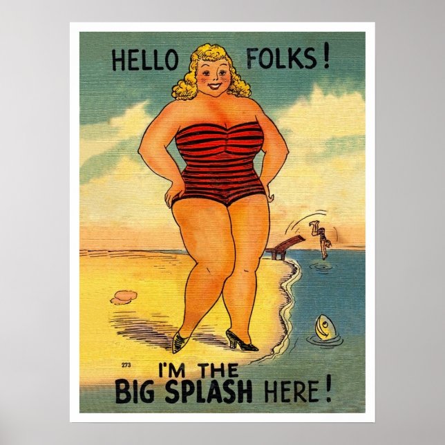 Affiche Grosse femme sur la plage, drôle vintage (Devant)