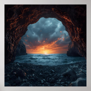 Affiche Grotte de la mer du coucher du soleil - Mur côtier